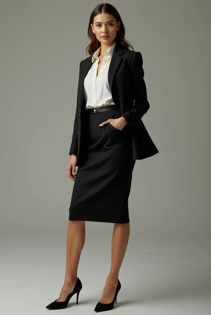 I opt for a classic set: a white silk blouse, a high-waisted black pencil skirt that falls to the knees, and a matching structured blazer. I adjust the thin belt at my waist and put on my black mid-heeled pumps., favorites for days like this