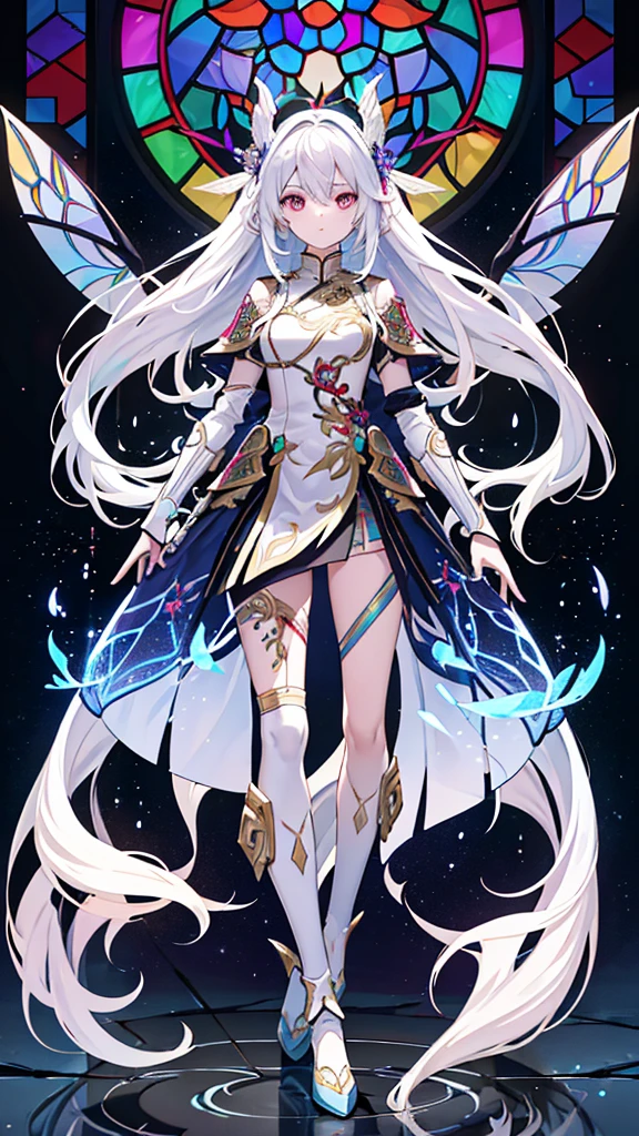 A girl with long white hair who gives the impression of being a little young。He wears metal armor with a stained-glass-like design, intertwined with rainbow-colored decorations that resemble parts of dragons, insects, fish, and beasts.。In the hand、He is holding a translucent sword with detailed decorations.
