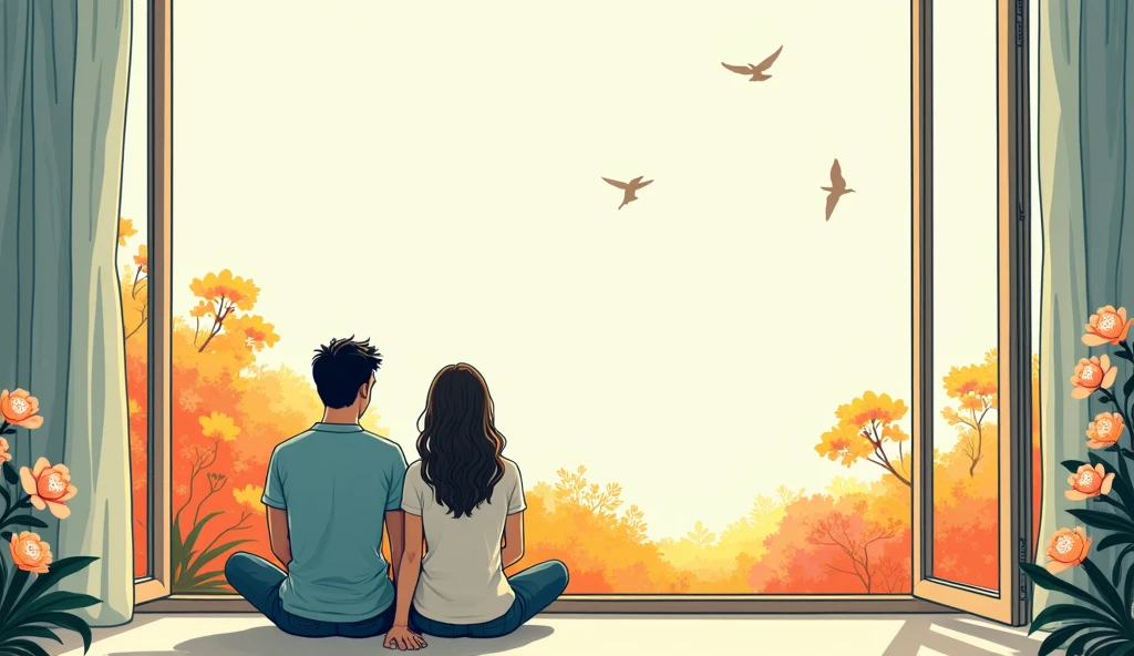 a man and a woman are sitting by the window, open window, view from outside the house, View from the street, flowers around, Birds fly, Line art, bright colors, minimalism