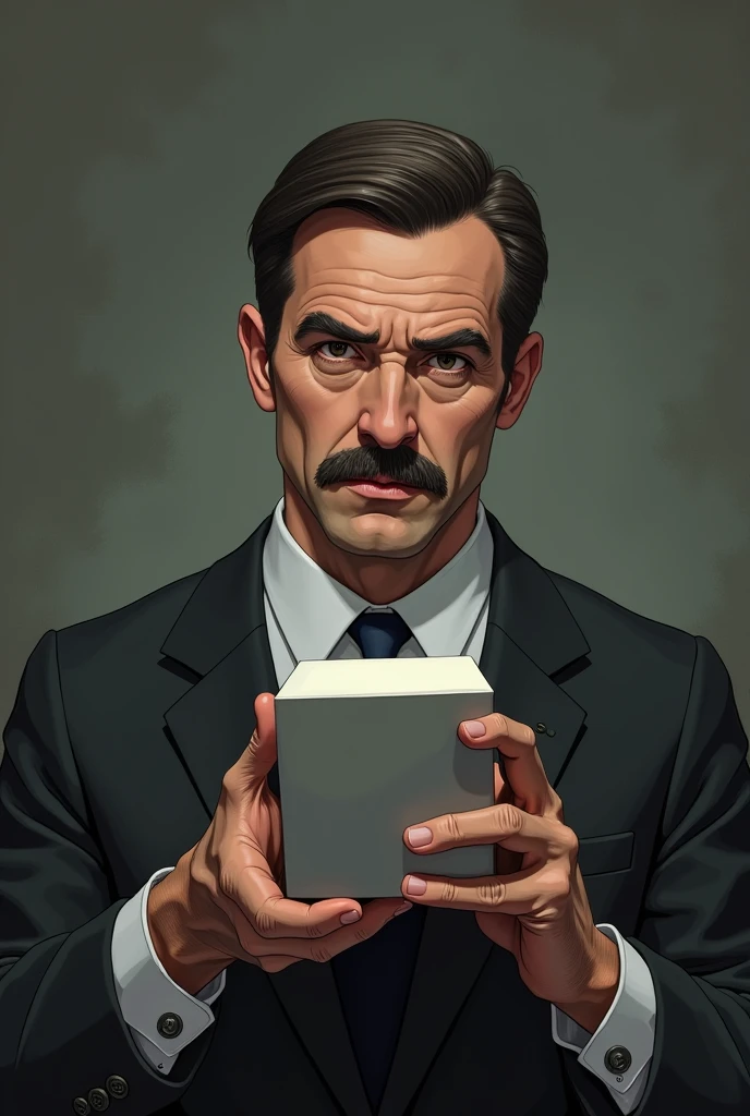 A man with a square head and a visible mustache , straight hair behind the cube in a suit and moving it in his hand looking with a serious look drawing