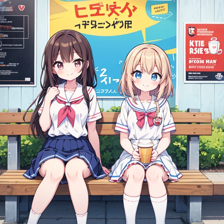 Anime Girls sitting on a bench with a cup of coffee, cute Anime Girls, Anime-style illustrations, Soda themed girl, Beautiful anime school girl, Surreal school girl, Anime Girls, young Anime Girls, beautiful Anime Girls, Anime Girls drinks energy drink, Anime Style 4k, Digital anime illustration, retro Anime Girls, Cute girl anime visuals,Open your mouth, Smiling with teeth showing, american style propaganda poster, 