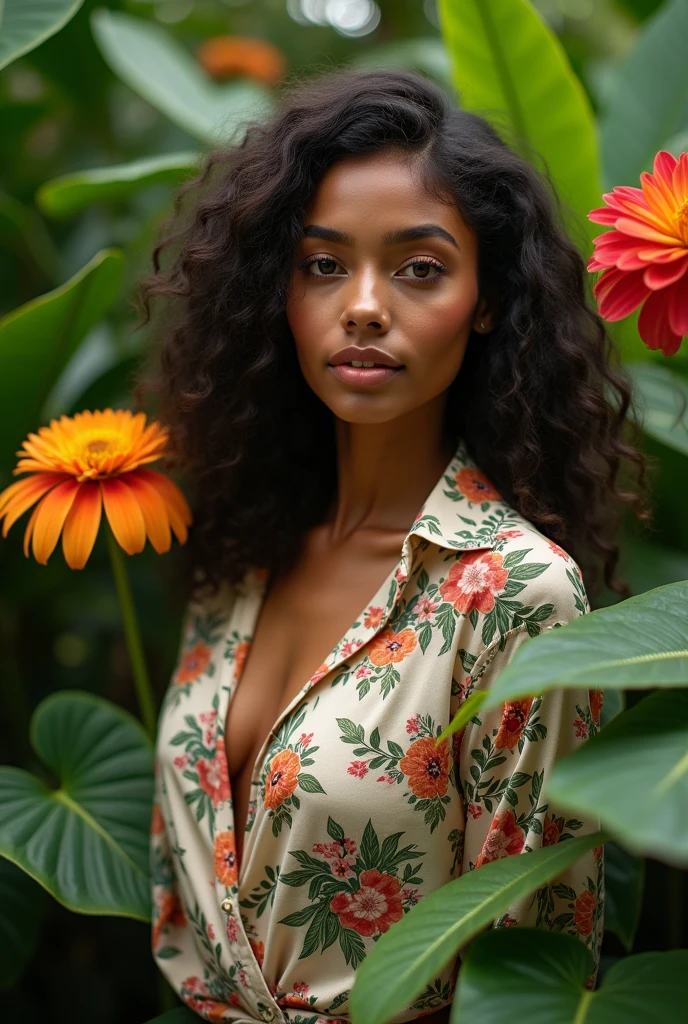 A Brazilian woman in a lush tropical garden, wearing an open shirt with a floral print, with a close-up capturing the harmonious beauty between her breasts and the natural flowers, showing off your natural charm and outgoing personality.