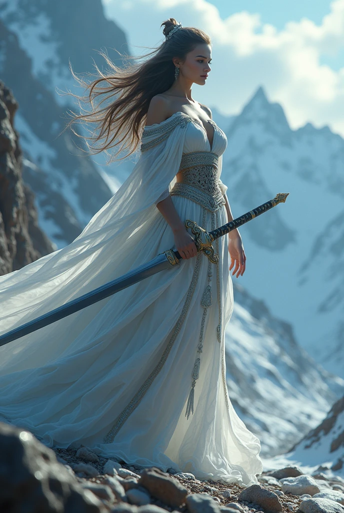 A close-up of a sword blade reflecting the full body of a beautiful anime-style woman. The blade is polished but shines with an intense, almost blinding light that partially obscures her image. The woman is standing in a powerful, yet elegant pose, her silhouette slightly blurred by the brilliant glare of the sword. Her long hair flows in the wind, and she wears an intricate outfit that blends with the natural surroundings. The environment around her is extreme—a rugged, snow-covered mountain or a stormy desert, adding a dramatic contrast to her ethereal presence. The brightness of the blade creates a surreal effect, making it difficult to discern the finer details of her form, yet her grace and strength are unmistakable. The overall atmosphere is intense and otherworldly, emphasizing the contrast between the harshness of the environment and the mysterious, almost divine figure reflected on the blade.