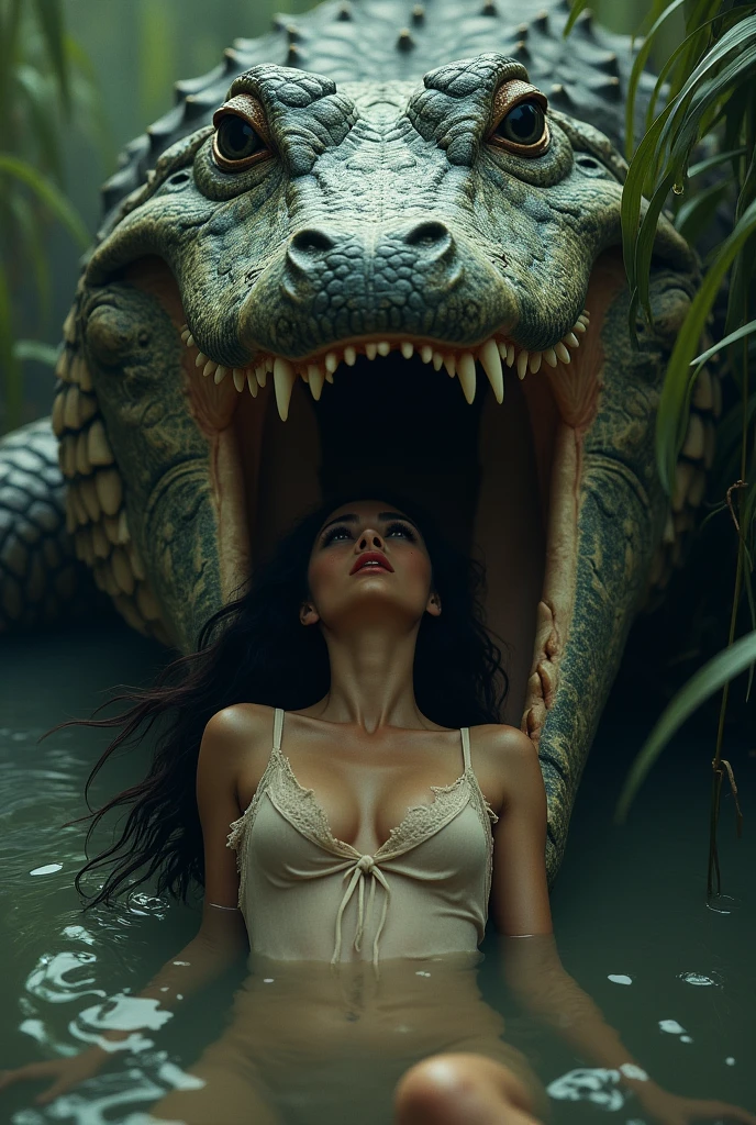  close-up,  17 years arabic sitting on the big alligator at night  , in narrow thong, very big hips,very long black hair, cybernetic parts of body, backdrop night mystery forest with vampires, zombies, looking at me,flirt, ultra-high-quality detailing