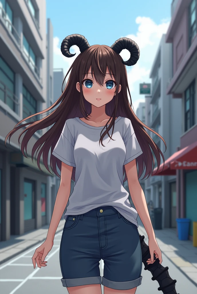 girl , brown hair, the left eye is light blue and the right eye is black, in street clothes, and a scorpion tail and a black horn and another white one Anime