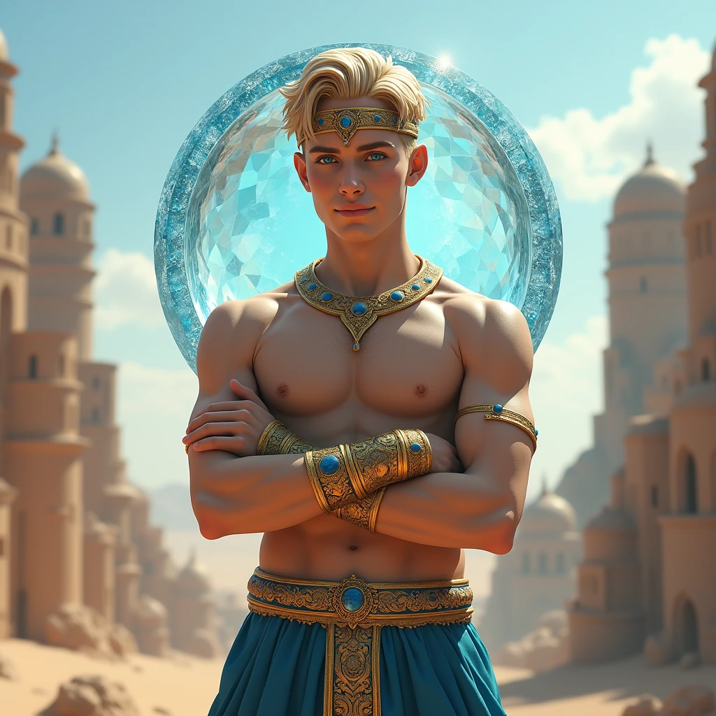 Young man with short blond hair, blue colored eyes, slight smile on your face, two blue marks around the eyes, wearing no shirt, wide blue pants with some details and similar to Arab pants, two gold bracelets with sapphires on the wrists, golden crown with sapphires and similar to a tiara on the forehead, gold necklace with sapphires, standing with arms crossed, a circle made of crystal clear water floating around the head, arab city in the desert, 独奏, Masterpiece artwork, precise, High details, 3D rendering, conceptual artwork, cinematic lighting, macro photography, 真实感,