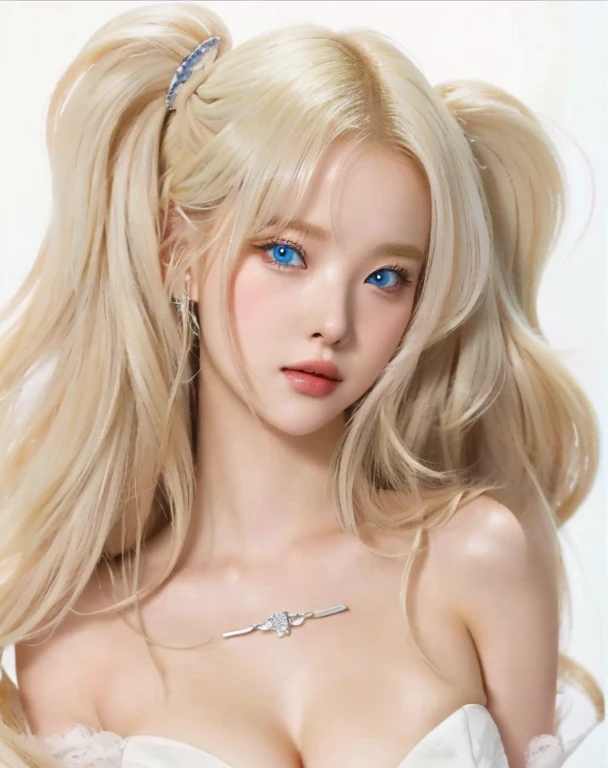 A close up of a woman with long blonde hair and a white dress and blue like eyes, guweiz, guweiz style artwork, Oh! glossy skin, guweiz masterpiece, Girl with white hair, in style of Oh!, Oh! loish and clamp style, Oh! : : 5, realist. Cheng Yi, trend on cgstation, big breasts, heavy breasts