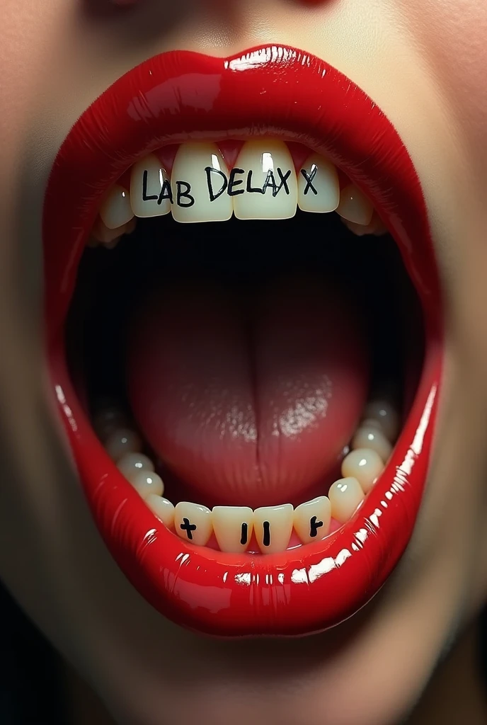 a realistic and very vivid female mouth with red lipstick and teeth showing , with grillz saying 'LAB DELAXX"