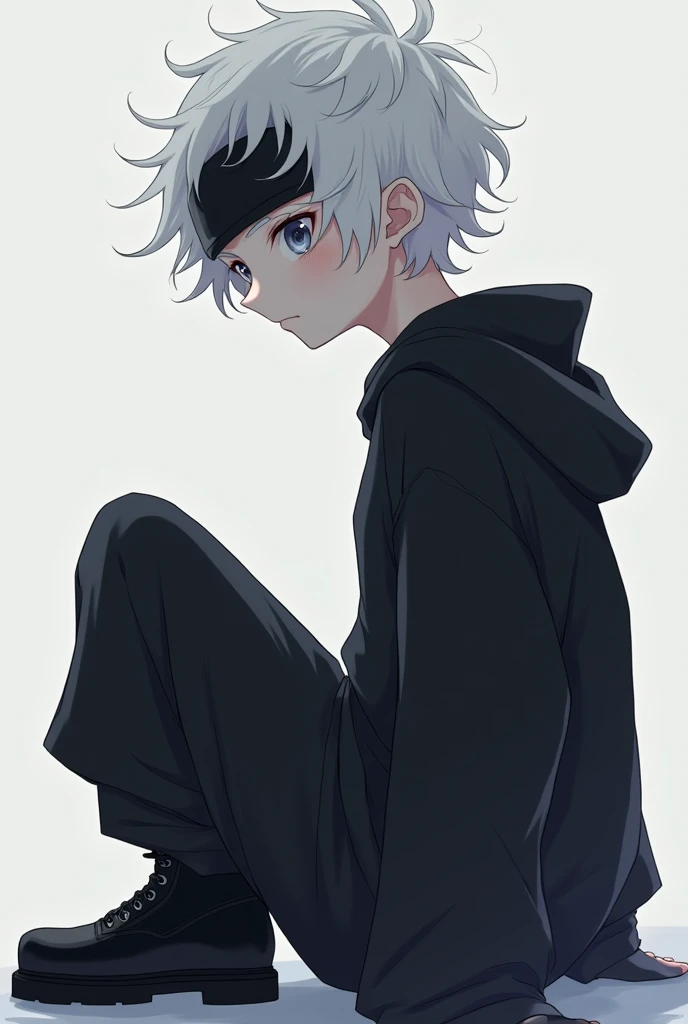 Create an anime-style character as if it were a profile photo with these characteristics:
male gender, 14 years, Pale skin with large dark circles, white hair, medium complexion, not so high, He is wearing loose black pajamas, with a mask on his head.
She wears black boots and her hair is soft and fluffy with slight waves..