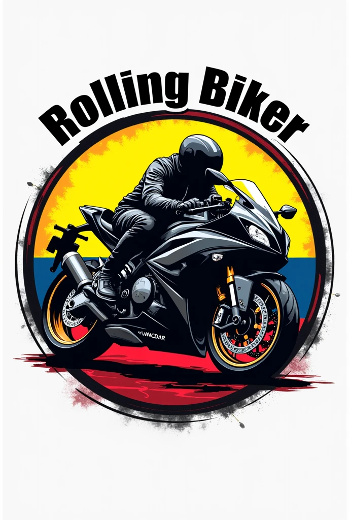 A circular logo, in the center a sports bike, the background with the colors of the Colombian flag, and it says ROLLING BIKER above 