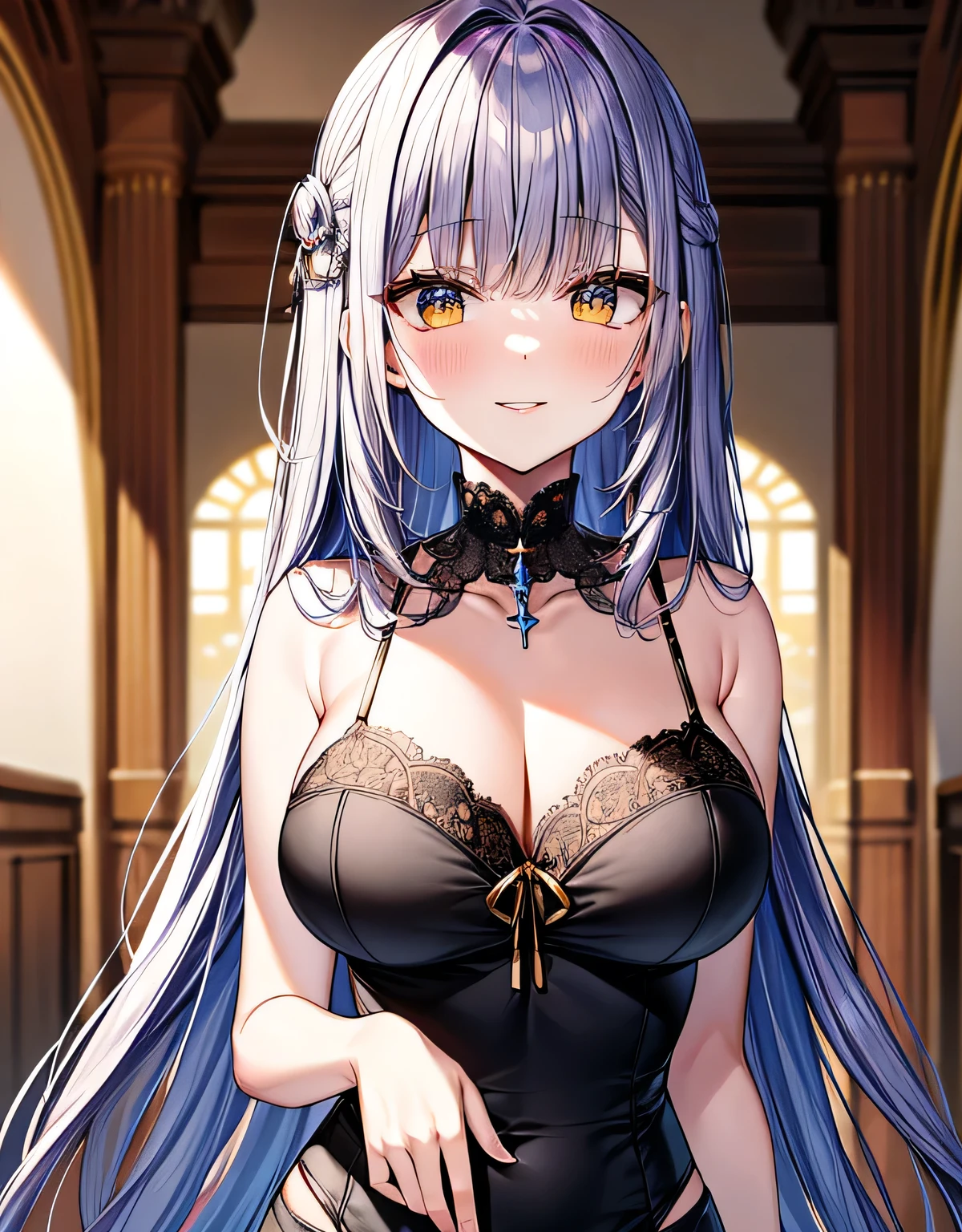 shiny skin,(Camisole blouse),skirt,(blunt bangs),sidelocks,(purple hair),(yellow eyes),indoor room,smile,(bare shoulder),(large breasts:1.55),(shiny,hair),((solo)),((masterpiece)),((best quality)),perfect anatomy,slim waist,perfect image,8k UHD,(beautiful detailed eyes:1.5),extremely detailed face,standing,(upper body:1.25),(look at the front:1.5),arms behindback,ultra-detailed,absurdres,highres,(lips),