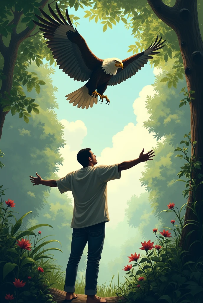 (illustration:1.2), man without face looking to sky and seeing an eagle and a forest and leaves in the background, com expressão corporal querendo ser uma águia