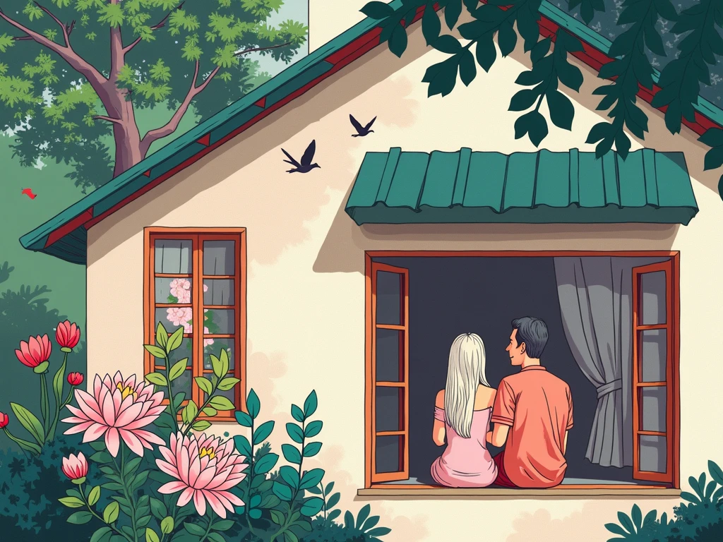 a man and a woman are sitting by the window, open window, view from outside the house, View from the street, flowers around, Birds fly, Line art, bright colors, minimalism