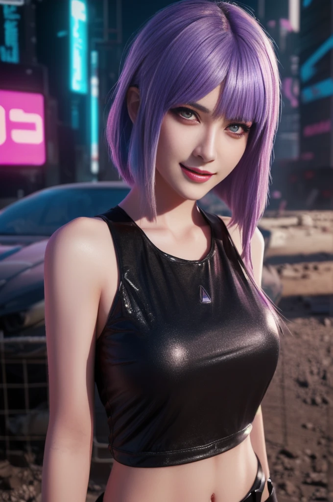 A woman with purple hair and a black top is standing in the desert, digital Cyberpunk art, Beautiful Eyes, Cyberpunk Art, extremely detailed ArtJam, Provocative smile, Lostland Style, Lostrun 8k, female cyberpunk girl, ig model | ArtJam, Cyberpunk art, style ArtJam, Cyberpunk Girl