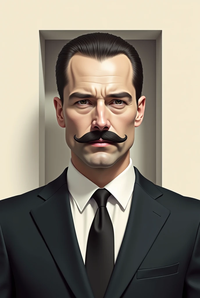 A man with a square head and a visible mustache , straight hair back of suit cube