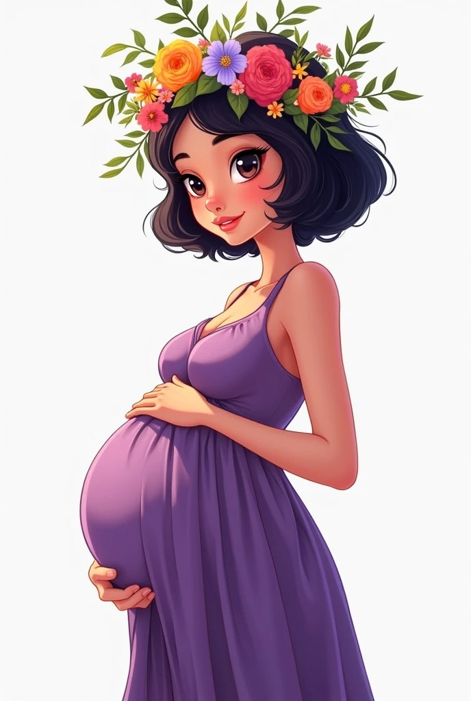 Beautiful pregnant girl with short dark hair and a wreath of flowers on her head, her hand is on her belly and purple dress drawn toon