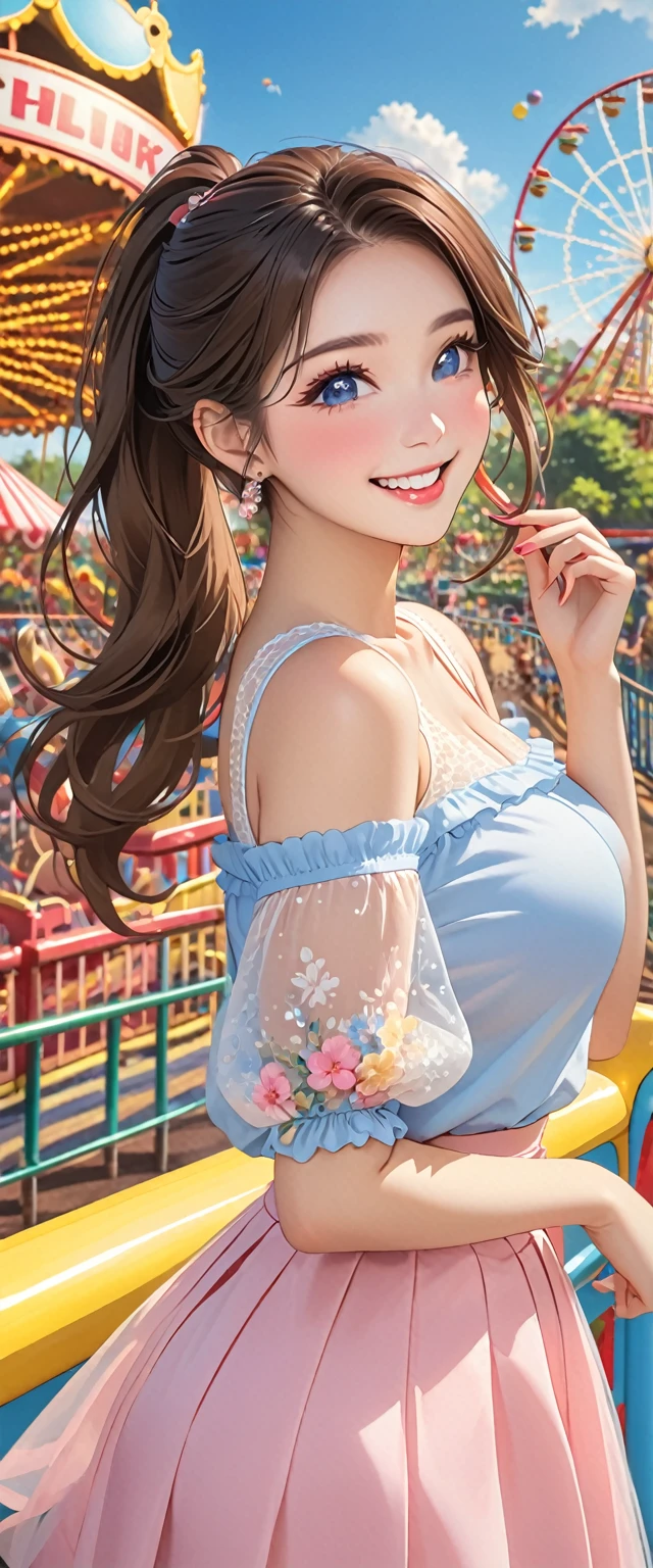 Highest quality、High resolution、Detailed Background、(Beautiful face in every detail:1.4)、Anatomically correct、Normal number of fingers、Detailed facial expressions、Teenage beauty、Huge breasts、Perfect body line、tea、ponytail、Long Hair、Cute Eye Makeup、Cute Lip Makeup、A big smile、smile、Cute gestures、(Beautiful girl having fun at the amusement park:1.5)、
The combination of a tulle top and a tight skirt is a cute and mature look that is not too sweet.、We also recommend a trendy style that makes use of a sheer blouse.、very beautiful