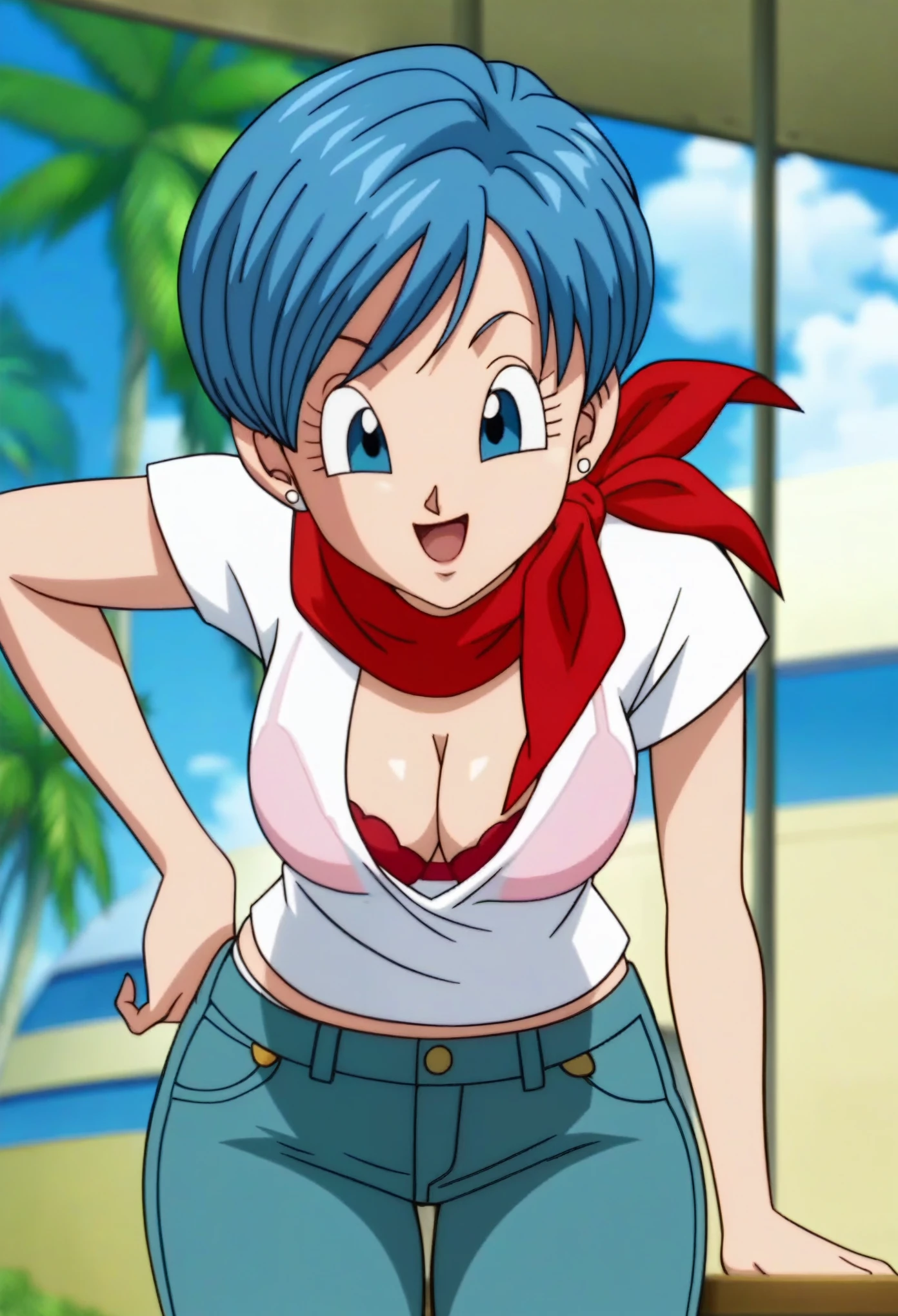 source_anime, score_9, score_8_up, score_7_up, anime screencap,8k, absurd res, 
bulma, 1girl, solo, breasts, smile, short hair, bowl cut,  open mouth, blue eyes, cleavage, jewelry, medium breasts, blue hair, white shirt, :d, earrings, outdoors, sky, day, cloud, blurry, tree, blue sky, red neckerchief, palm tree, official style, anime coloring, portrait, ((undressing shirt)), ((bra)), big breasts, blue jeans, ((thick thighs))