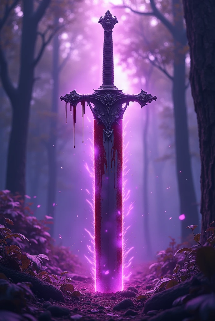 Please generate a poster sized Instagram post. It must have a dual sword in the middle... blood dripping from it. The rest of the poster must be covered with purple magic, like purple dust and make it bright. Write the title: "The Fated Forest". Make it a little realistic with a dual sword
