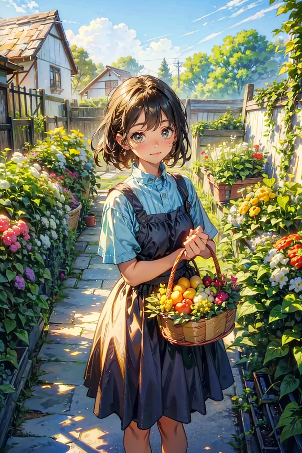 1girl,solo,cute,home garden,home vegetable garden,at morning,sunshine,((she holding basket in vegetable)),