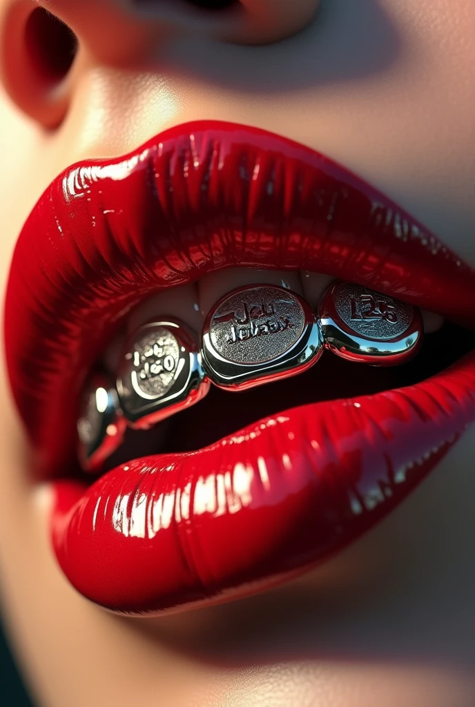 a realistic and vivid female mouth with red lipstick  , with grillz saying &#39;LAB DELAXX"