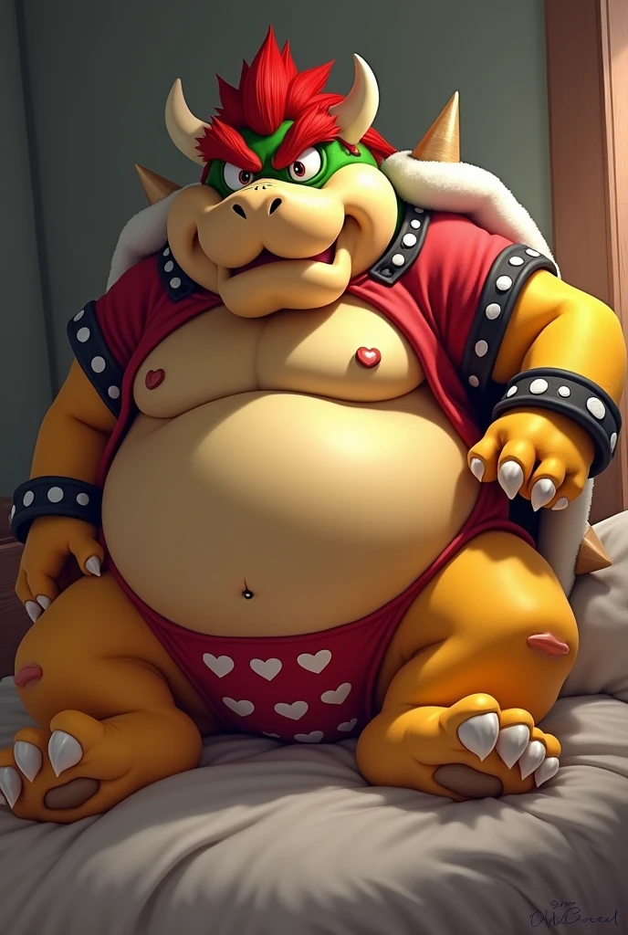 Bowser from Super Mario, Extremely obese, chubby, embarrassed, huge round belly, big moobs, heart underpants, red tight short sleeves t-shirt, laying on a bed, one hand on the belly