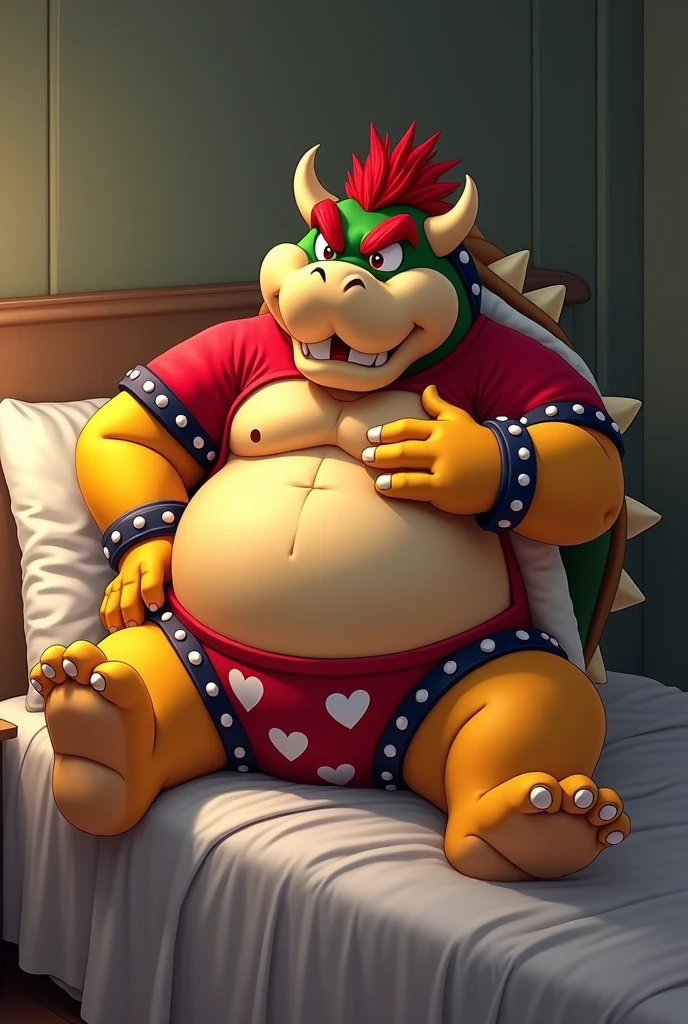 Bowser from Super Mario, Extremely obese, chubby, embarrassed, huge round belly, big moobs, heart underpants, red tight short sleeves t-shirt, laying on a bed, one hand on the belly