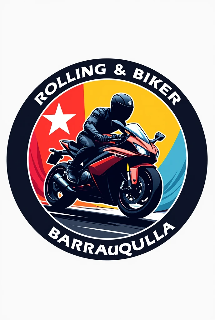 A circular logo, in the center a sports bike, the background with the colors of the flag of Barranquilla, and it says ROLLING BIKER above