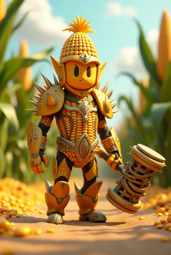 Make me a small avatar image of a corn doll to compete in an avatar battler tournament where they fight corn against corn , It can have 3D type armor and weapons with a lot of imagination, that same image you gave me but with a scary hammer.