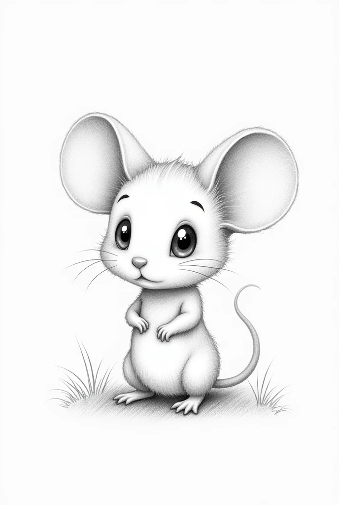 In pencil drawing, A big-eared mouse is depicted in a detailed but soft style. The mouse has a small, rounded body., with fur drawn with delicate strokes to suggest texture. The ears are noticeably large and round., standing out for its size and shape, with details in the shadows to show its depth. The eyes are small and expressive., with subtle reflections that add life to the drawing. The snout is pointed, and the mouse&#39;s tail is thin and slightly curved upwards. The background is drawn in a simple way, with light lines suggesting grass and leaves, keeping the focus on the mouse and its charming big-eared appearance.