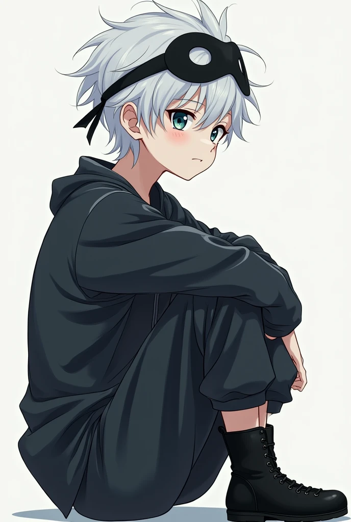 Create an anime-style character as if it were a profile photo with these characteristics:
male gender, 14 years, Pale skin with large dark circles, white hair, medium complexion, not so high, He is wearing loose black pajamas, with a mask on his head.
She wears black boots and her hair is soft and fluffy with slight waves..