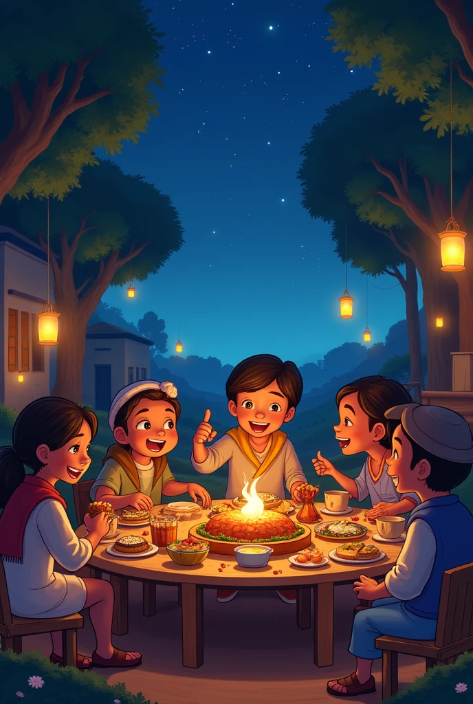 **Scene 5: The Celebration Feast**
*Image Description:* A joyous village celebration under the stars with a large table filled with food. Villagers, including Ali, Minoo, Robi, and Windy, are enjoying the feast, laughing and sharing stories. Windy is seated at the head of the table, being honored with the title "Windy the Protector." Lanterns hang from trees, and the atmosphere is warm and festive, with everyone in high spirits.creat an image for kids story