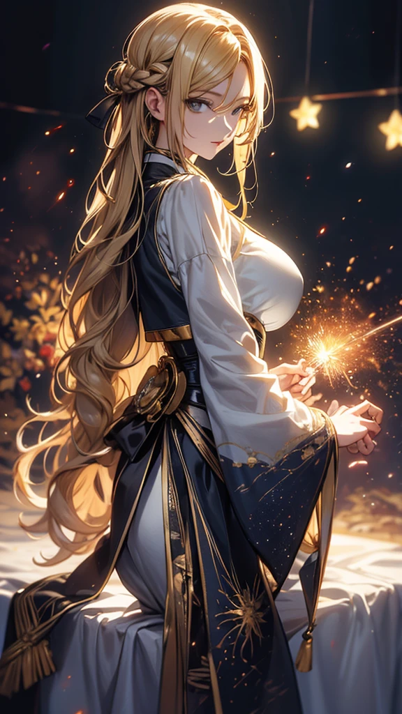 masterpiece, high quality, 4K, Beautiful design, silhouette,blonde, 非常に詳細な夜のStarry Sky,World of Time, wonderful, Finer details, Very knowledgeable woman, Highly detailed solo, 1 female,Big Breasts,Butt Emphasis,High-neck dress,No sleeve,Night view,Starry Sky,full moon,How to sit,firework,