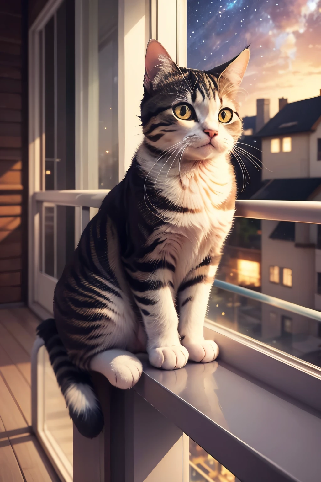 cute cat sitting on a balcony staring at the galaxy
