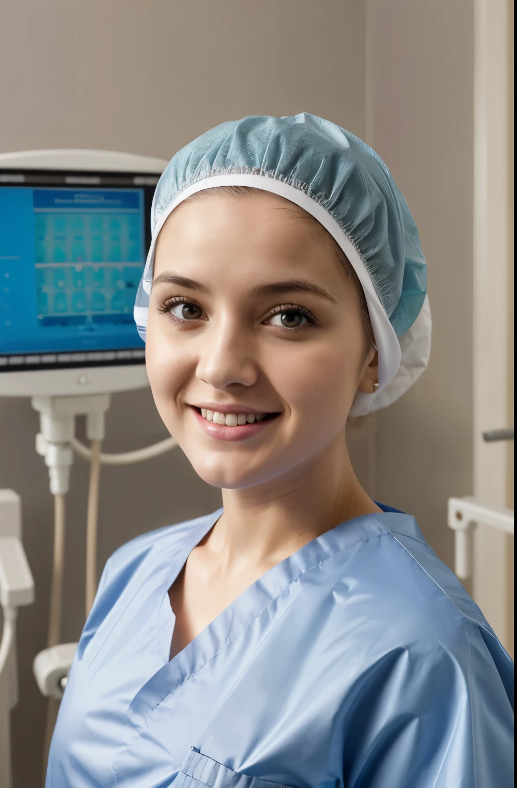 Ultra realistic, Cinematic, scottish teenager girl , 15 years , , perfect small breasts, pediatric patient, , naked girl on operating table, young female surgigal nurse removing patient gown and touching patients vulva, beautiful face, big eyes, big smile, detailed face, naked, putting on common patterned patient gown, wide angle , bokeh, all wearing large nylon bouffant cap, large nylon shower cap, large surgical cap covering hair and ears, short hair fully covered by nylon tissue cap, no hair tails, cotton patient / hospital gown with patterns; patient gown with same patterns like cap, realistic patient gown like US medical soap, US style patient gown with hospital patterns