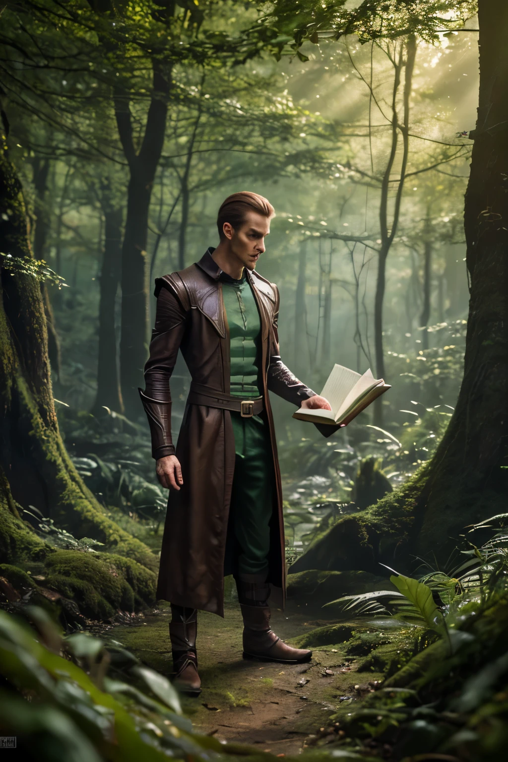 tall slender male,sharing books with a small green goblin, magical forest,(best quality,4k,8k,highres,masterpiece:1.2),ultra-detailed,(realistic,photorealistic,photo-realistic:1.37),fantasy,concept art,vibrant colors,dramatic lighting
