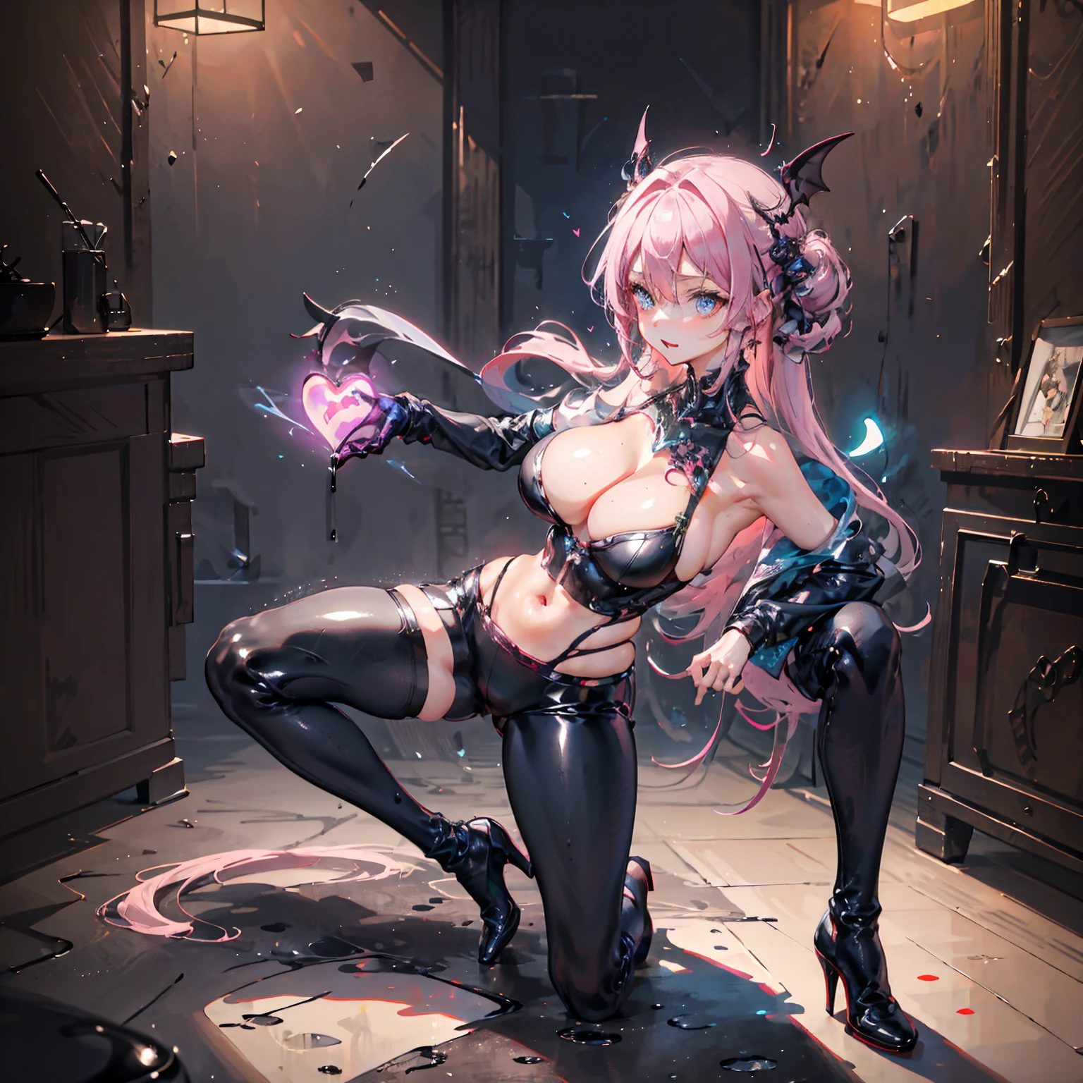 Anime Waifu beautiful detailed eyes, beautiful detailed lips, extremely detailed eyes and face, longeyelashes, 1girl, sensual, young woman, medium breasts, beautiful feminine face, nice thighs, slim, sexy, erotic, beautiful clothes, perfect body, cinematic lighting and framing, (best quality,4k,8k,highres,masterpiece:1.2),ultra-detailed,digital painting,portrait,glamorous,highly detailed,soft lighting,warm color tones aachizuru, long hair,((Highest quality,,T-And Star Piece:1.3)),Sharp focus:1.2,Pretty woman with perfect figure:1.4,,(Incredibly huge breasts:1.4),(Huge hips),smile,Thin abdominal muscles:1.2,((Beige Hair,.4)),,Highly detailed face and skin texture,Fine grain,double eyelid、(Black Theme:1.3), (Gothic Punk:1.3), (studded leather jacket:1.1), (Latex leotard, Leotard Fusion Gothic Skirt, Frills, race:1.2), race-up boots, gloves, chain neckrace, choker, Chain Accessories, zettai ryouiki
、【prompt】
break (black and shocking pink theme:1.4), (Sexy succubus cosplay costume with genital tattoos:1.2), (sleeveless black latex high neck crop top with Heart-shaped cut keyhole:1.4), ((Bare shoulders, Bare arms, Bare thighs):1.3), (Black latex low rise micro shorts:1.3), (shocking pink grommet belt:1.3), (Tight latex black long sleeves:1.3), ((A combination of black high platform shoes and thigh-high boots) with heels:1.2), (shocking pink devil horns has bioluminescence glow LED-light on temporal region:1.3), (Large bat wings for cosplay:1.4), (Black wings:1), (shocking pink (Heart-shaped, Heart symbol) Bioluminescent LED light on belly:1.4), (Black prisoner's bracelet:1.2),