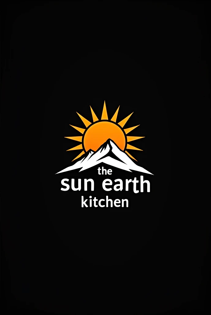 a logo with a black background containing the words "The Sun and Earth Kitchen" that they are inside a sun and a snowy mountain with the letters in Spanish