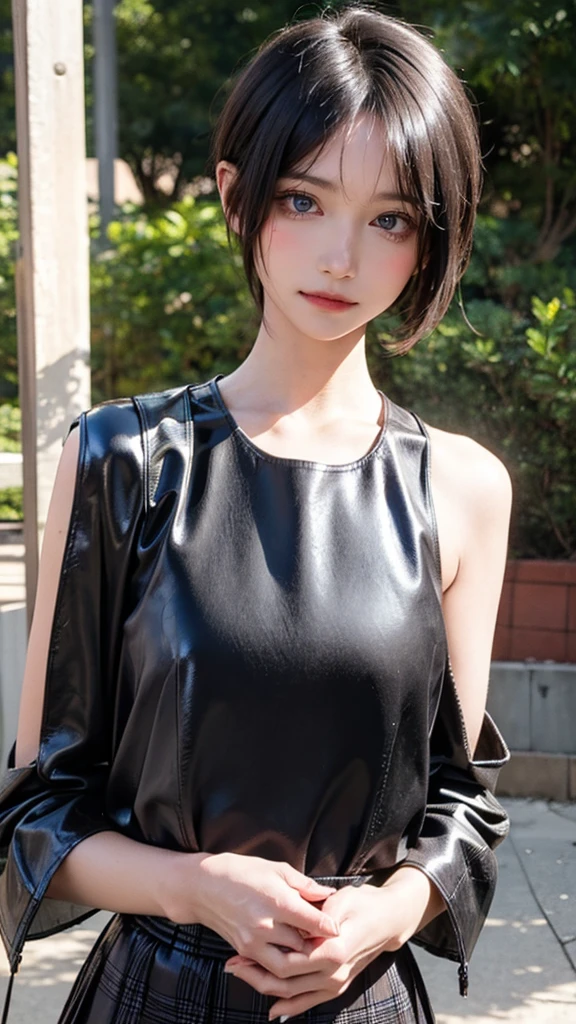 best quality, 1 Girl, dark blue hair, black eyes, Very short hair, Spiky hair, wears sweet red red dress body slim luxury,A cropped dress, 171 cm, Messy hair, Hair between the eyes, Tomboy, aldult, 20 years old, A sweet girl by the mountain