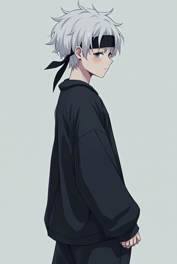 Create an anime-style character as if it were a profile photo with these characteristics:
male gender, 14 years, Pale skin with large dark circles, white hair, medium complexion, not so high, He is wearing loose black pajamas, with a mask on his head.
She wears black boots and her hair is soft and fluffy with slight waves..