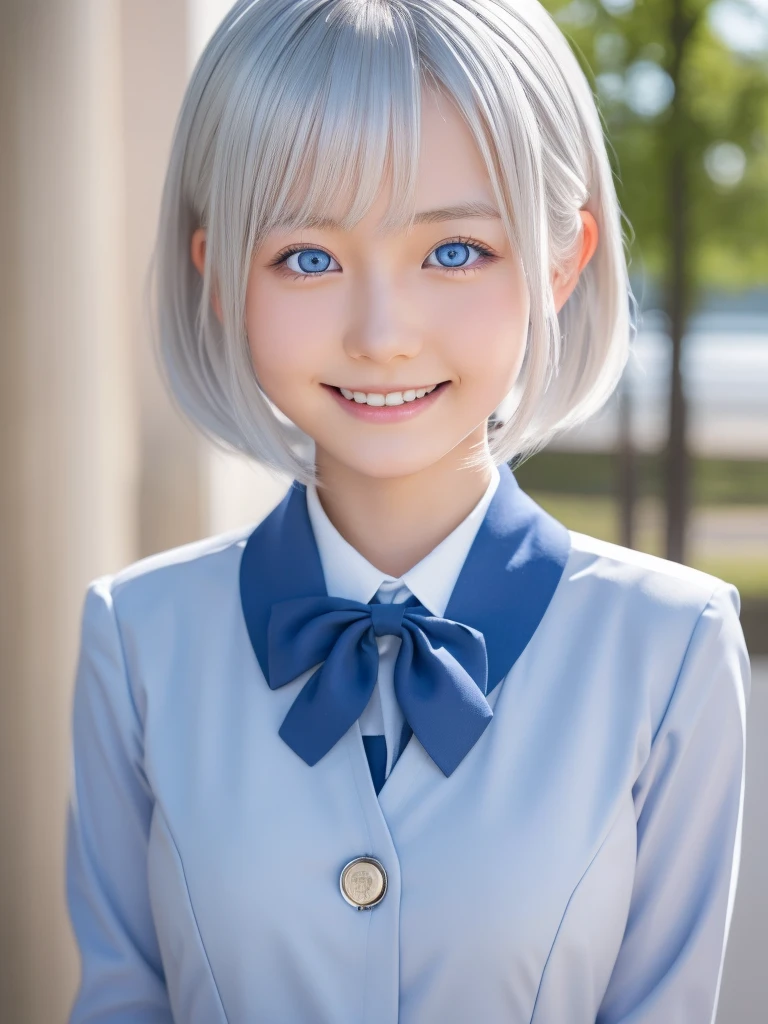 a young beautiful Japanese girl with short platinum silver hair,large bright pale blue eyes,droppy eyes,a balanced gaze,and a sweet smile,Nordic Beaute wearing a detailed school uniform,highly detailed and realistic, 8K,ultra-detailed,photorealistic,masterpiece,Highres fix,(Orgasm face:1.0)