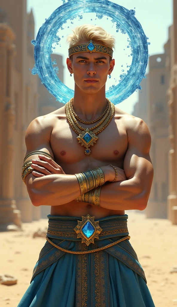 Young man with short blond hair, blue colored eyes, slight smile on your face, two blue marks around the eyes, wearing no shirt, wide blue pants with some details and similar to Arab pants, two gold bracelets with sapphires on the wrists, golden crown with sapphires and similar to a tiara on the forehead, gold necklace with sapphires, standing with arms crossed, a circle made of crystal clear water floating around the head, arab city in the desert, 独奏, Masterpiece artwork, precise, High details, 3D rendering, conceptual artwork, cinematic lighting, macro photography, 真实感,