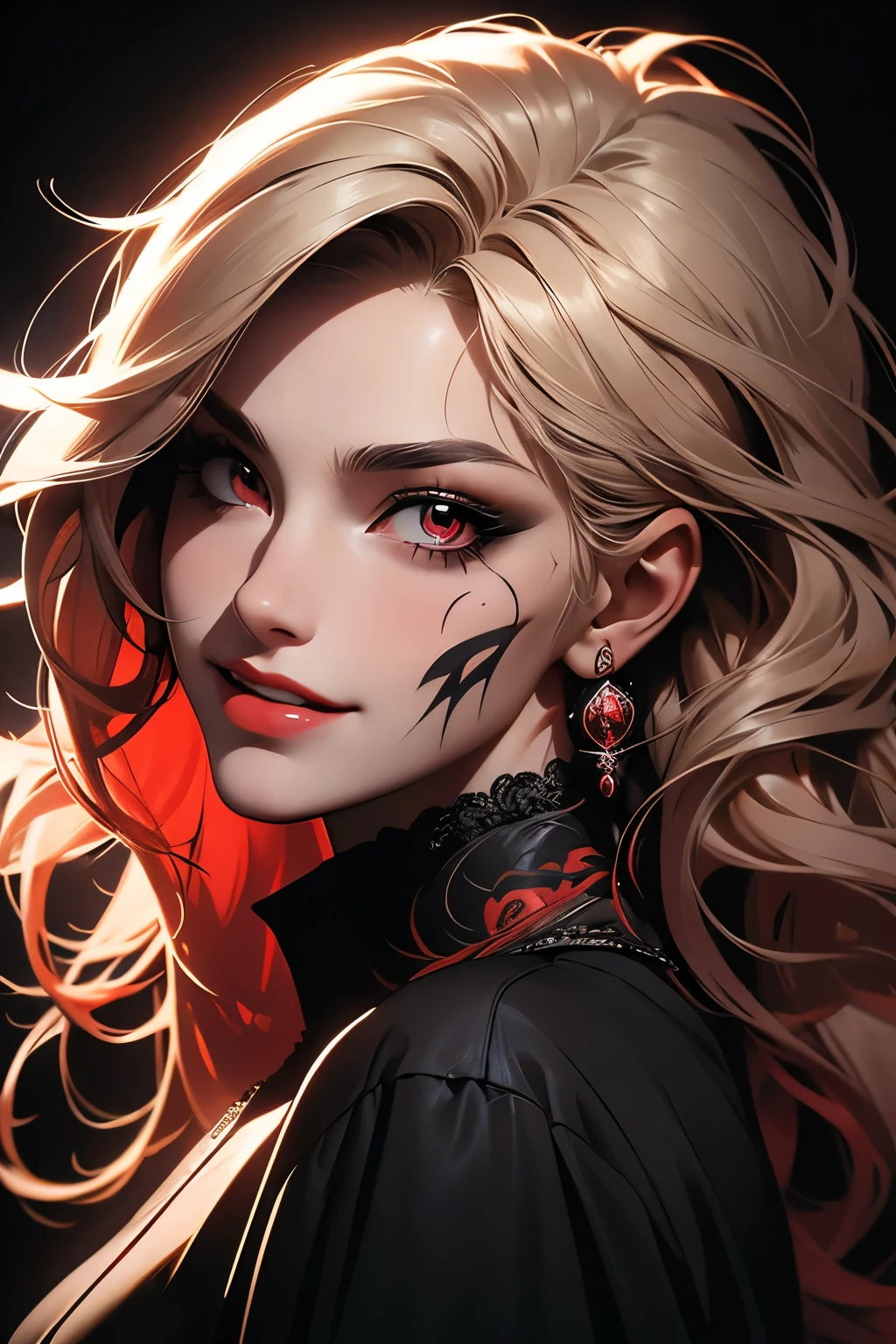 perfil portrait image of a woman with long light blond, streaked with red and black highlights and black curly hair, red eyes, she wears social clothes and have a lot of ((tattoos on her body)). She is smiling like a villain, with a moon tattooed on her face, she is on a dark city scenery, symmetrical face, ((symmetric eyes)), high contrast, digital art trend on Artstation 8k HD high definition detailed realistic , hiper detalhado
