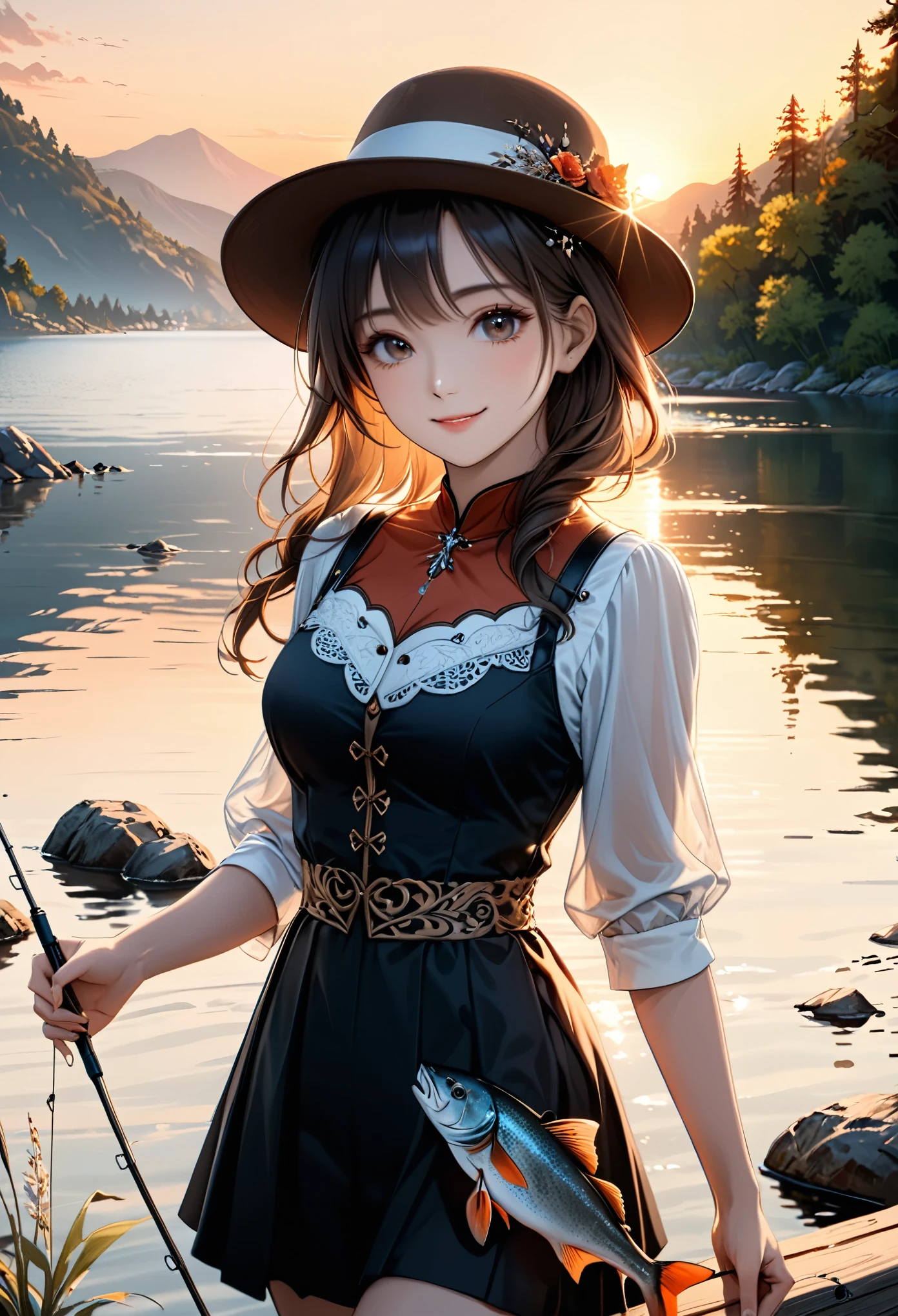 a lady fishing,smile,hat,perfect anatomy,lakeside,sunset,cinematic lighting,(masterpiece,8k,Professional,perfect composition,very aesthetic,absurdres,ultra-detailed,intricate details:1.2),perfect proportion,hand