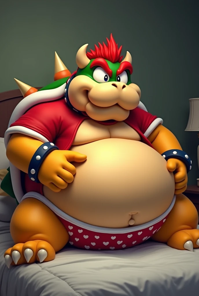 Bowser from Super Mario, Extremely obese, chubby, embarrassed, huge round belly, big moobs, heart underpants, red tight short sleeves t-shirt, laying on a bed, one hand on the belly
