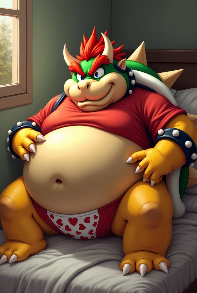 Bowser from Super Mario, Extremely obese, chubby, embarrassed, huge round belly, big moobs, heart underpants, red tight short sleeves t-shirt, laying on a bed, one hand on the belly