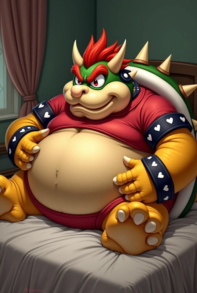 Bowser from Super Mario, Extremely obese, chubby, embarrassed, huge round belly, big moobs, heart underpants, red tight short sleeves t-shirt, laying on a bed, one hand on the belly