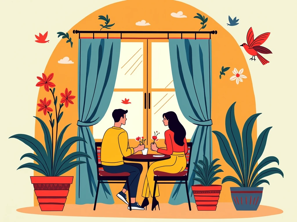 alegria art, masterpiece, best quality, minimalist line style, Illustration, lineart, line art, simple art, vector art, memphis art style, corporate memphis style, man and woman sitting in the window, bright colors, birds, flowers