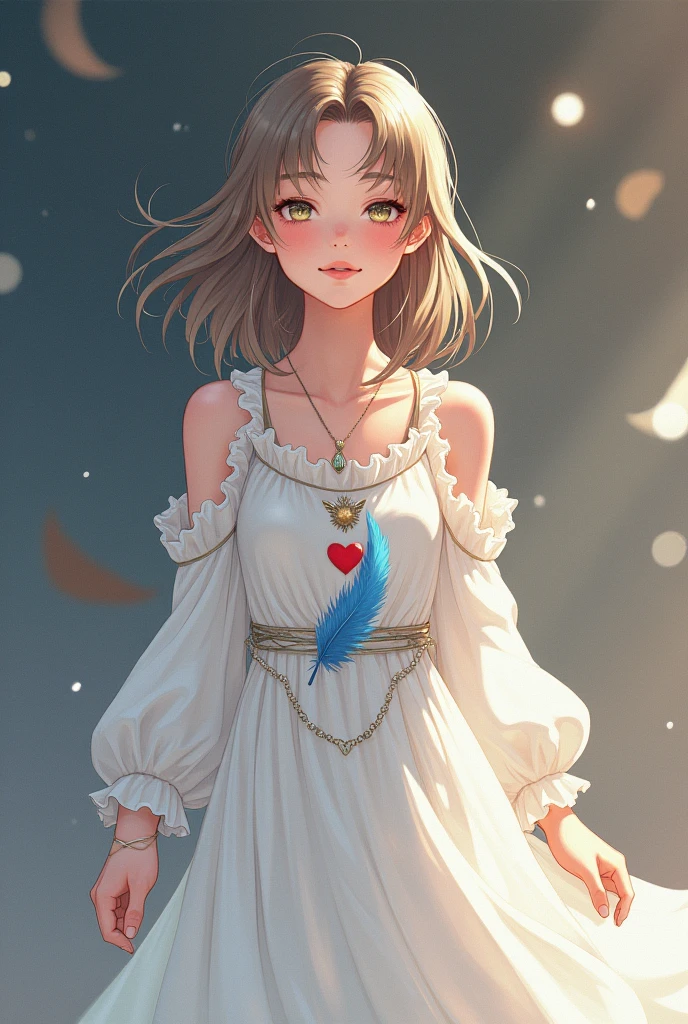 a young half-elf man with delicate, feminine features and shoulder-length light brown hair wearing a white medieval dress with a symbol of a light blue feather over a red heart drawn on the clothes at chest height, singing.
anime style