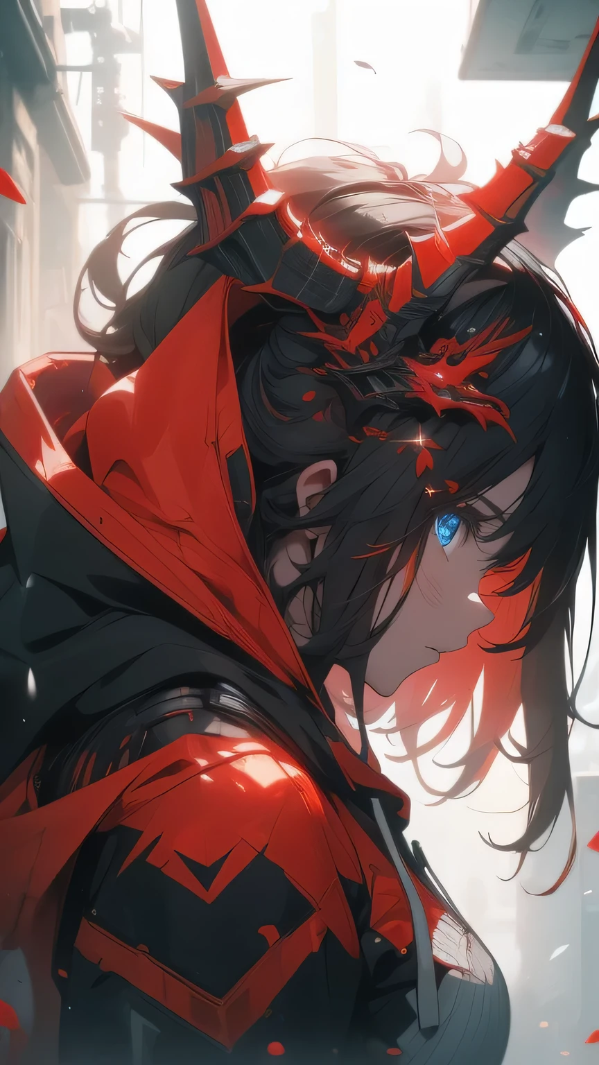 ((8k resolution))、((Highest quality))、((masterpiece))、((Very detailed))((((dramatic))), (((Rough feeling))), (((intense)))Focus on the face, Mecha dragon girl,red dragon , Hoodie cyberpunk